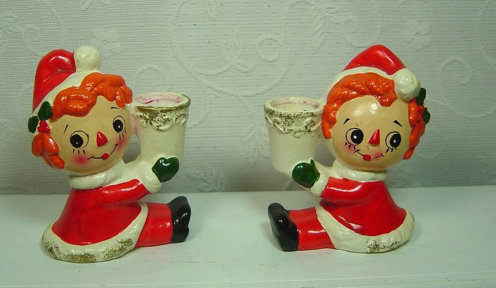 2 VINTAGE NAPCOWARE SANTA RAG DOLL CANDLEHOLDERS-JAPAN